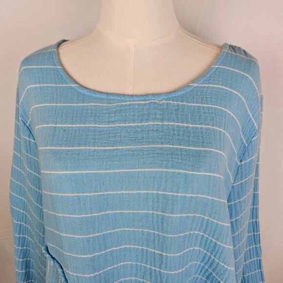 Habitat Blue Striped Gauze Like Tunic Top Large Long Sleeve Lagenlook Boho - Picture 4 of 9